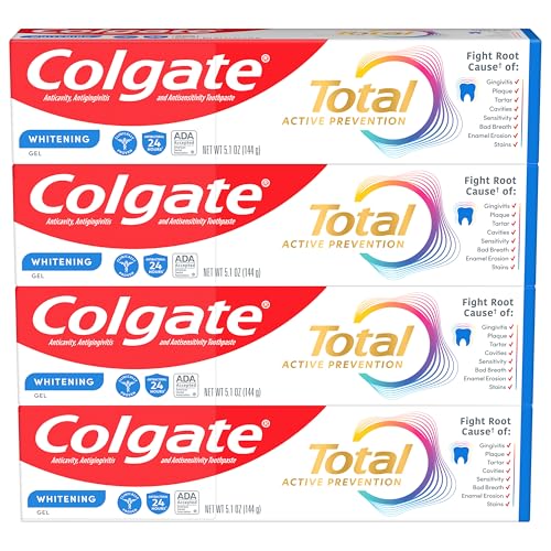 Colgate Total Active Prevention Whitening Gel Toothpaste with Fluoride Bulk with Clinically Proven Formula That Fights Plaque Bacteria Mint 4 Pack 51 oz